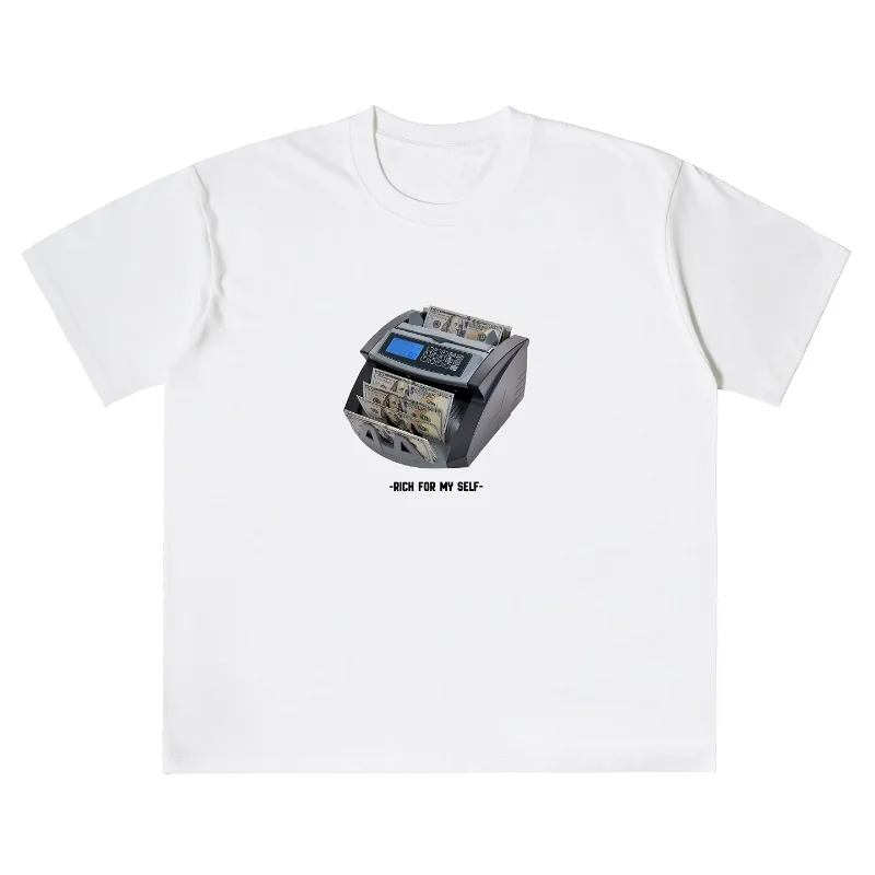 

Unisex Short - Sleeve Cotton T - Shirt with Cash Counter Print, Trendy Streetwear Style, - RICH FOR MY SELF - Quote