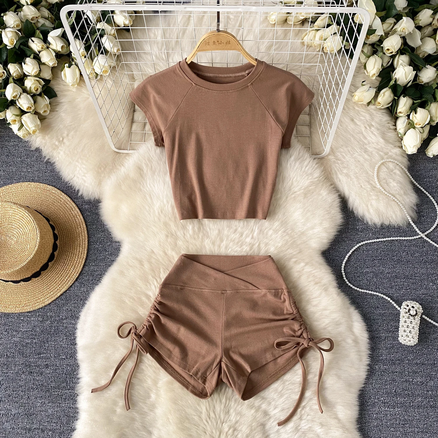 Sexy Chic Pieces Sets High Waist Shirring crop top short sleeve with shorts Women Vacation Summer Sets