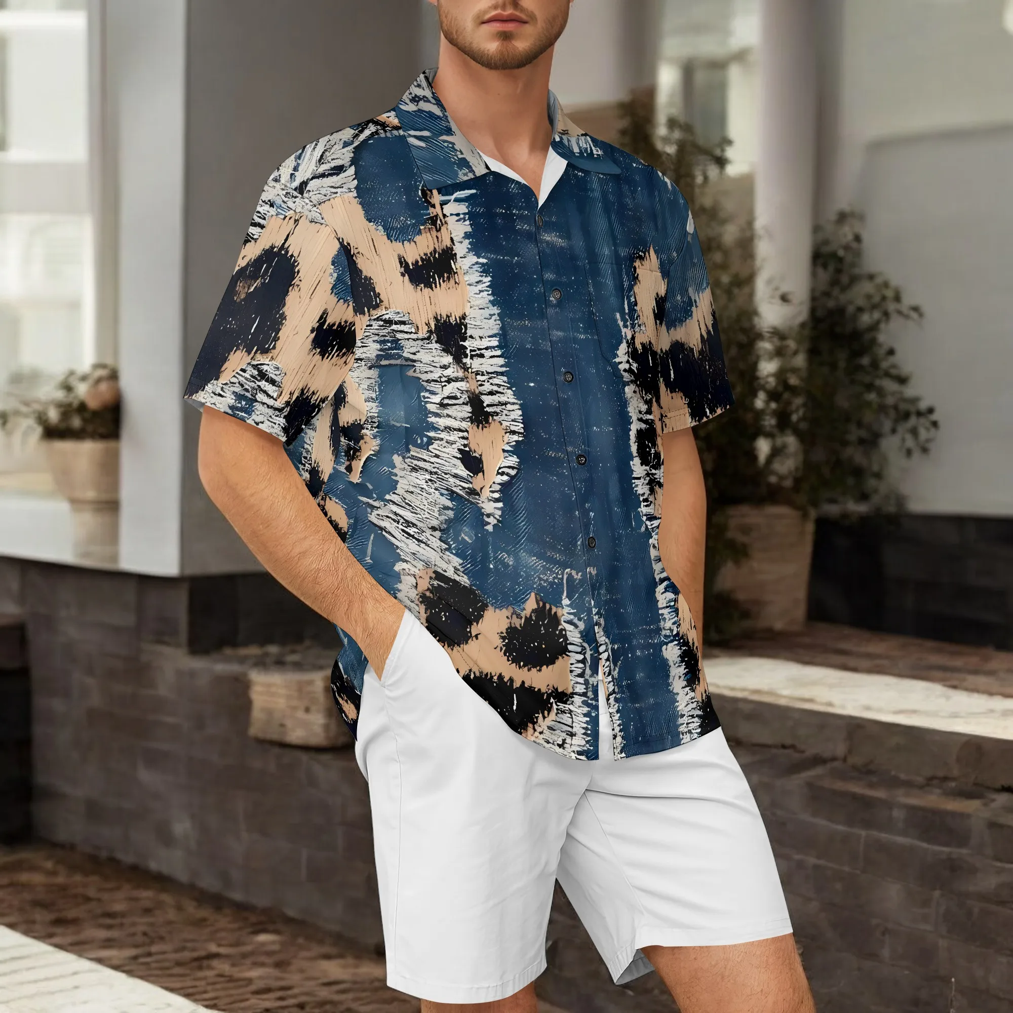 

YEAE Blue Green Gradient Geometric Print Shirt for Men Summer Casual Short Sleeve Top