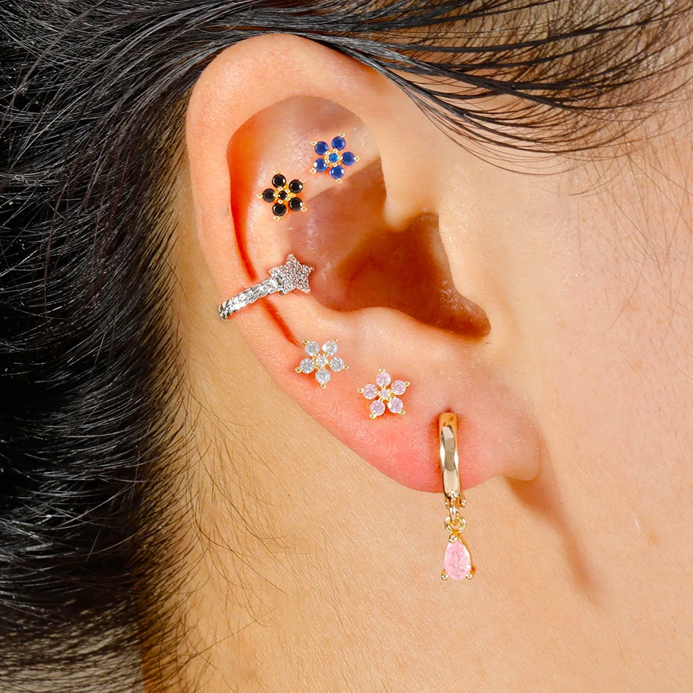 European American Water Drop Hoop Earring Woman Exquisite Simple Flower Multicolor Zircon Ear Piercing Earring Statement Jewelry