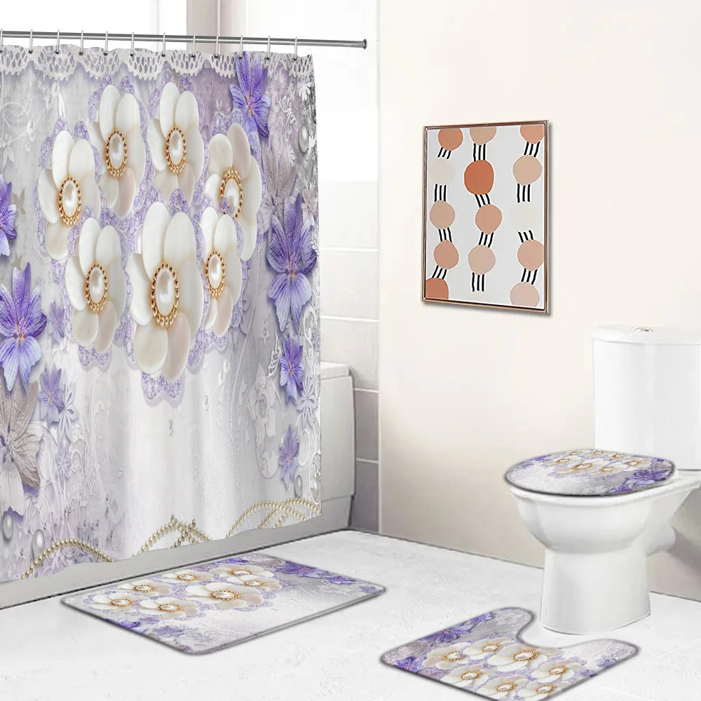 Elegant Bouquet of Fantastic Flowers 3D European Style Shower Curtain Bathroom Curtain and Bath Rug Carpet Set Floral Home Decor