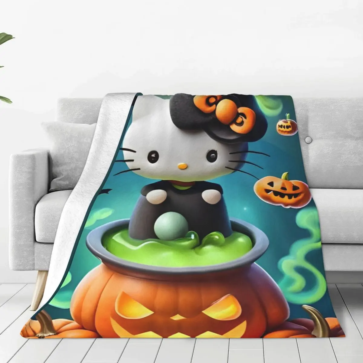 Hellokitty Halloween Flannel Blanket Autumn Super Warm Throw Blanket for Kids Adult Couch Bed Funny Bedspread Sofa Bed Cover