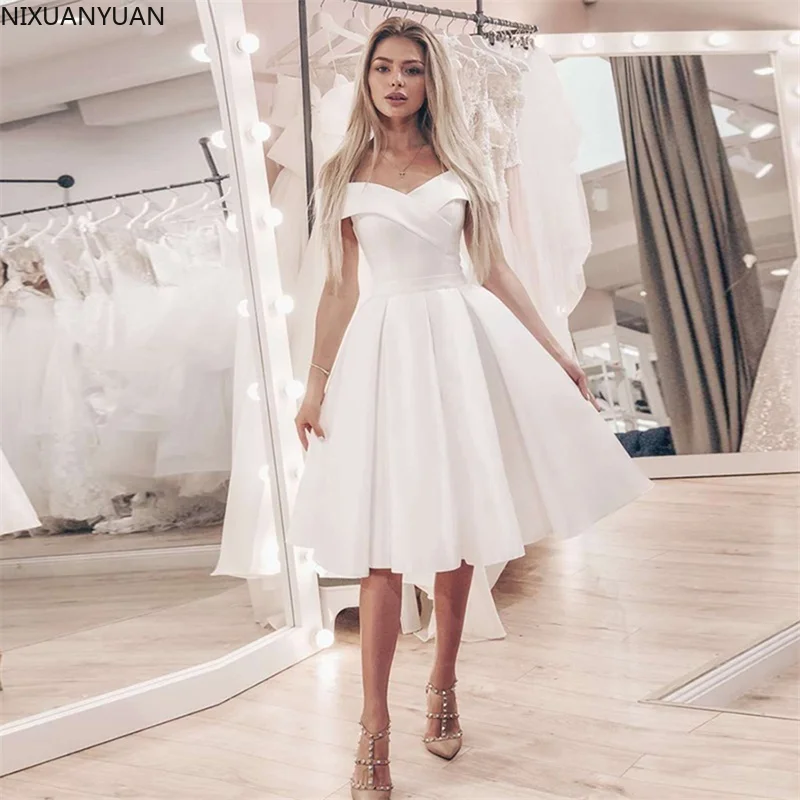 New Fashionable Cap Sleeve White Short Wedding Satin Dresses 2023 Vestido De Renda Curto Bride Dresses