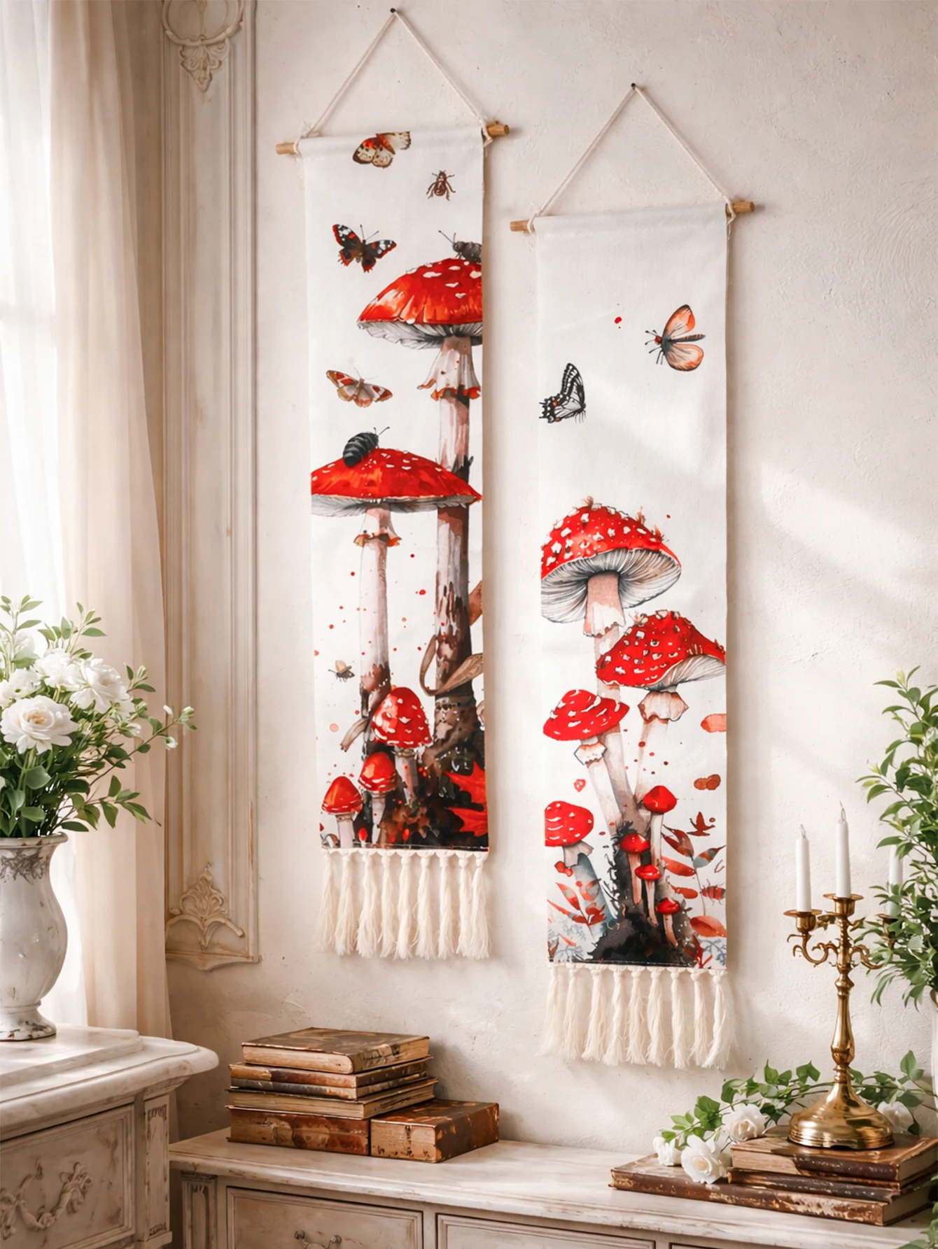 1 Stück Boho roter Pilz Wandbehang Wandteppich Baumwolle Banner Wanddekoration mit Fransen rustikaler Schmetterling und Insekt Home Decor Kunst Geschenk