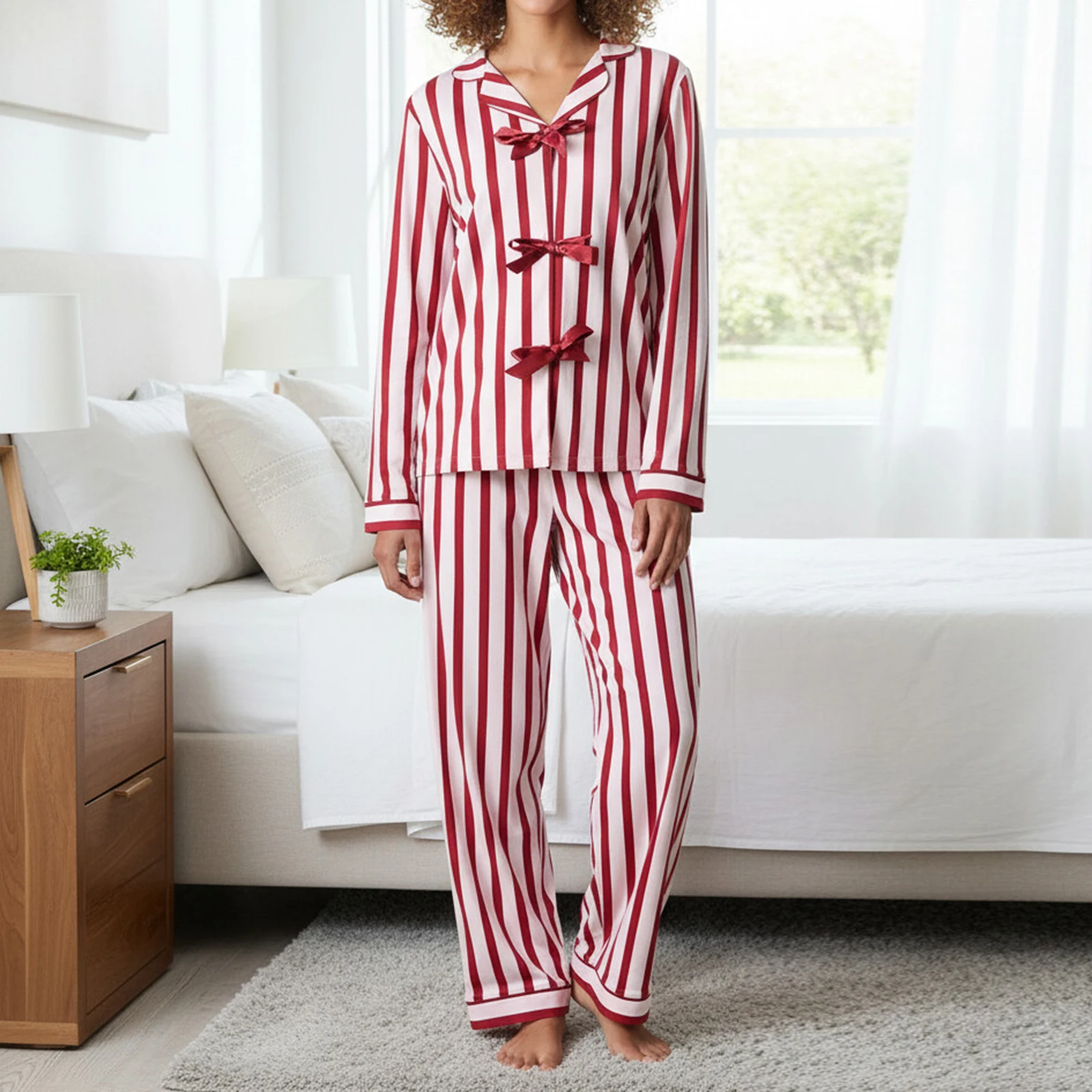 

Christmas Women's Loungewear Set Stripe Long Sleeve Lapel Bow Tie Tops with Elastic Waist Long Pants Sleepwear