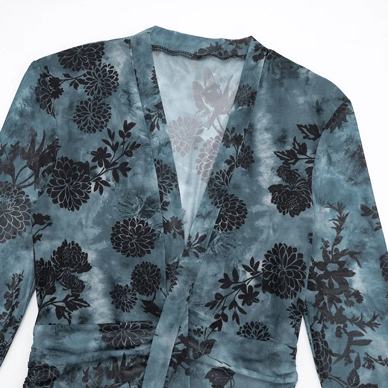 플로럴 프린트 시스루 메쉬 러플 주름 바디콘 미니 드레스 여성 섹시 레이스업 리본 딥 V넥 플레어 롱 슬리브 클럽웨어