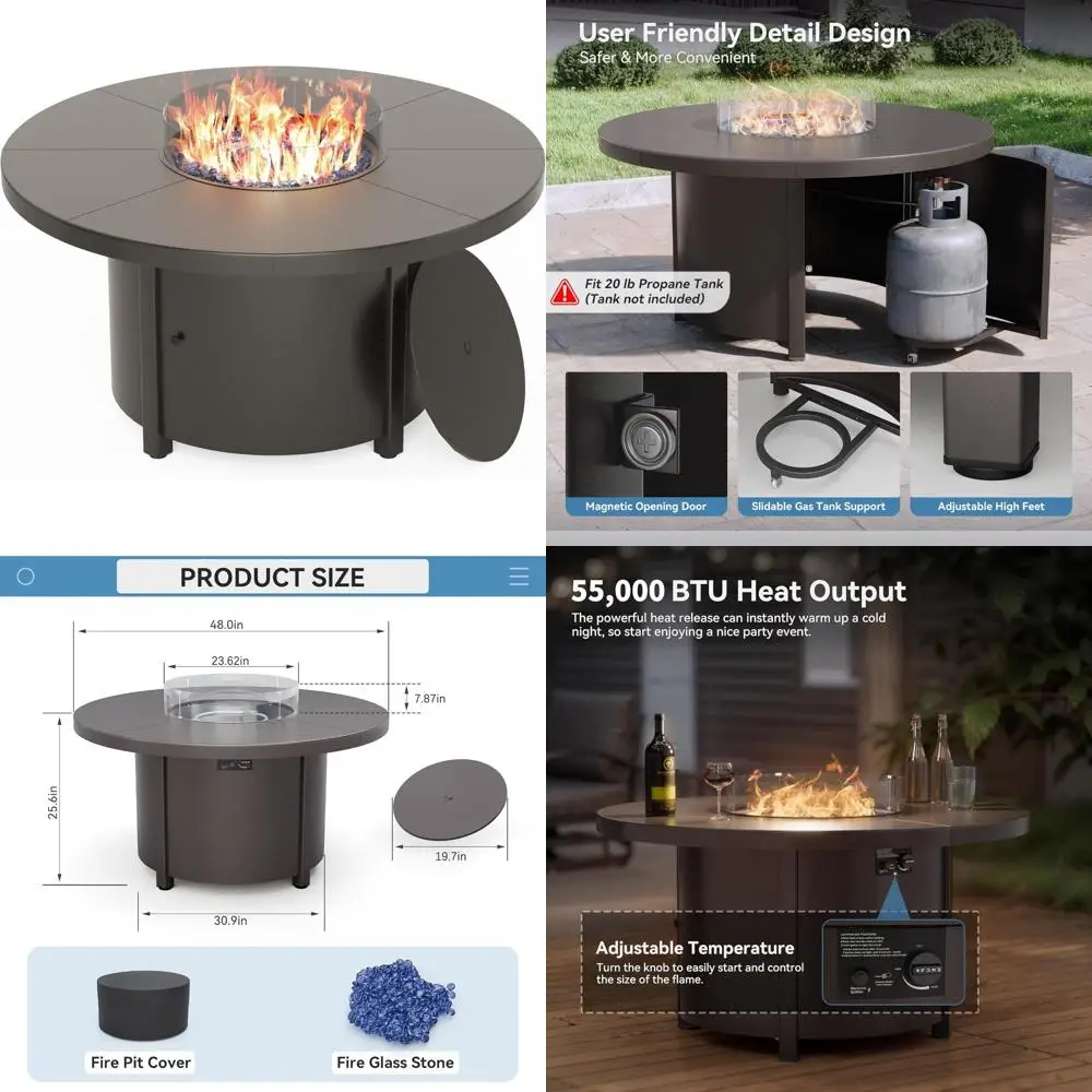 

Kullavik 48-дюймовый круглый стол для костра из пропана с автоматическим зажиганием мощностью 55,000 БТЕ, огневое стекло, крышкой и водонепроницаемой крышкой