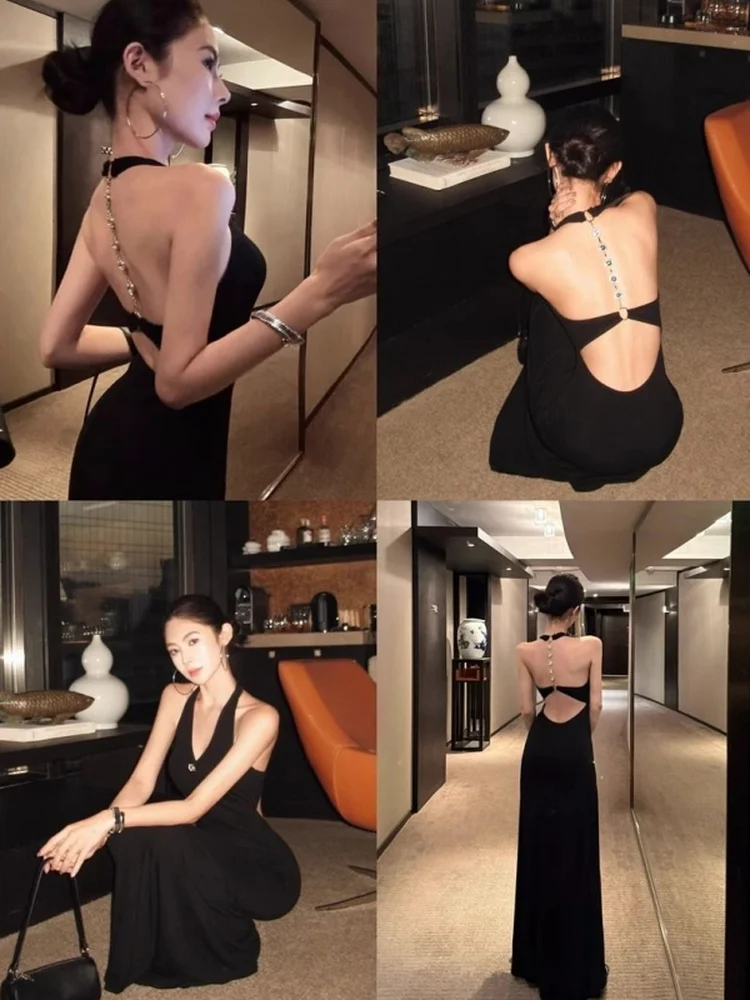 

Ele Sexy Bla Wrap Bodycon Dr Hanging Ne Chain Design Slimming Long Skirt for Women Summer Season High Waist Pure C...