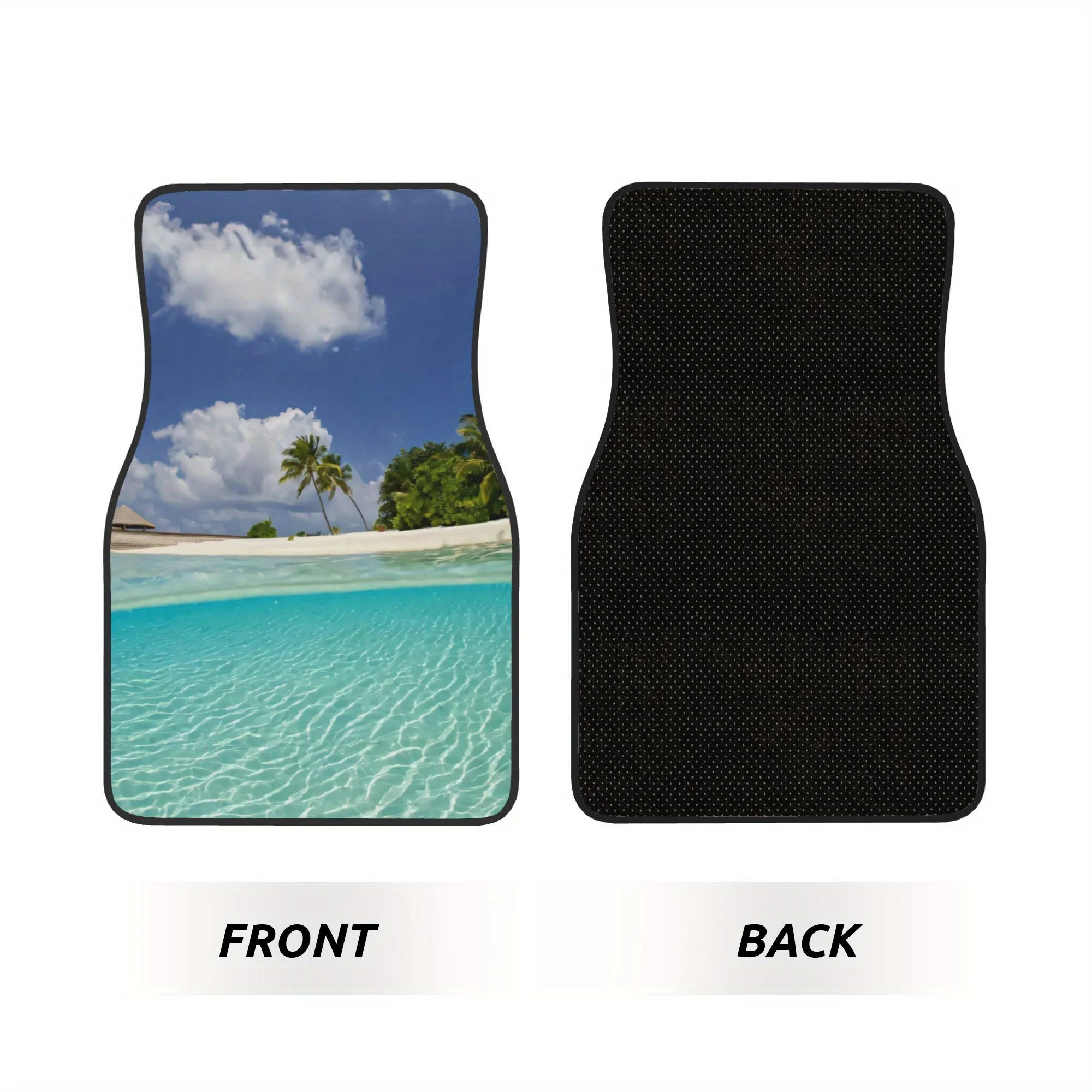 Four Pieces Are Floating In The Pristine Blue Sea. Universal Car Floor Mats Made Of Polyester, Featuring A Non-Slip Backing, Eas