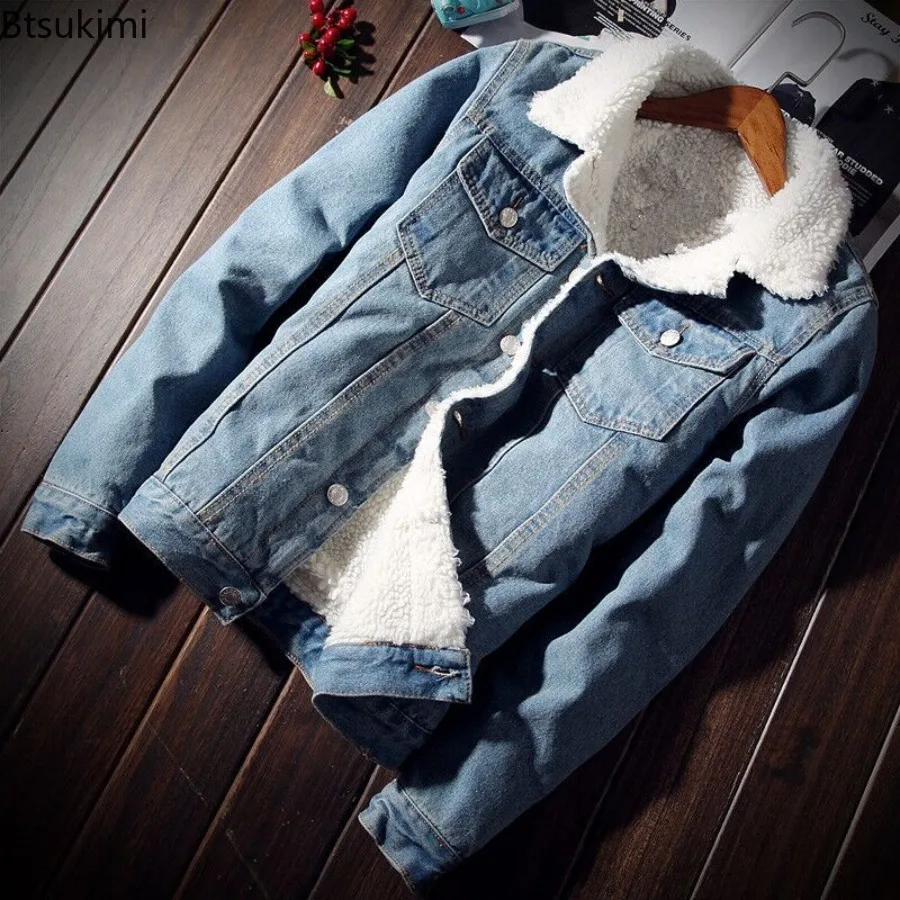 New 2025 Men's Warm Denim Jackets Winter Thick Fleece Jeans Jacket Male Lapel Button Casual Slim Outwear Windbreaker Cowboy Coat