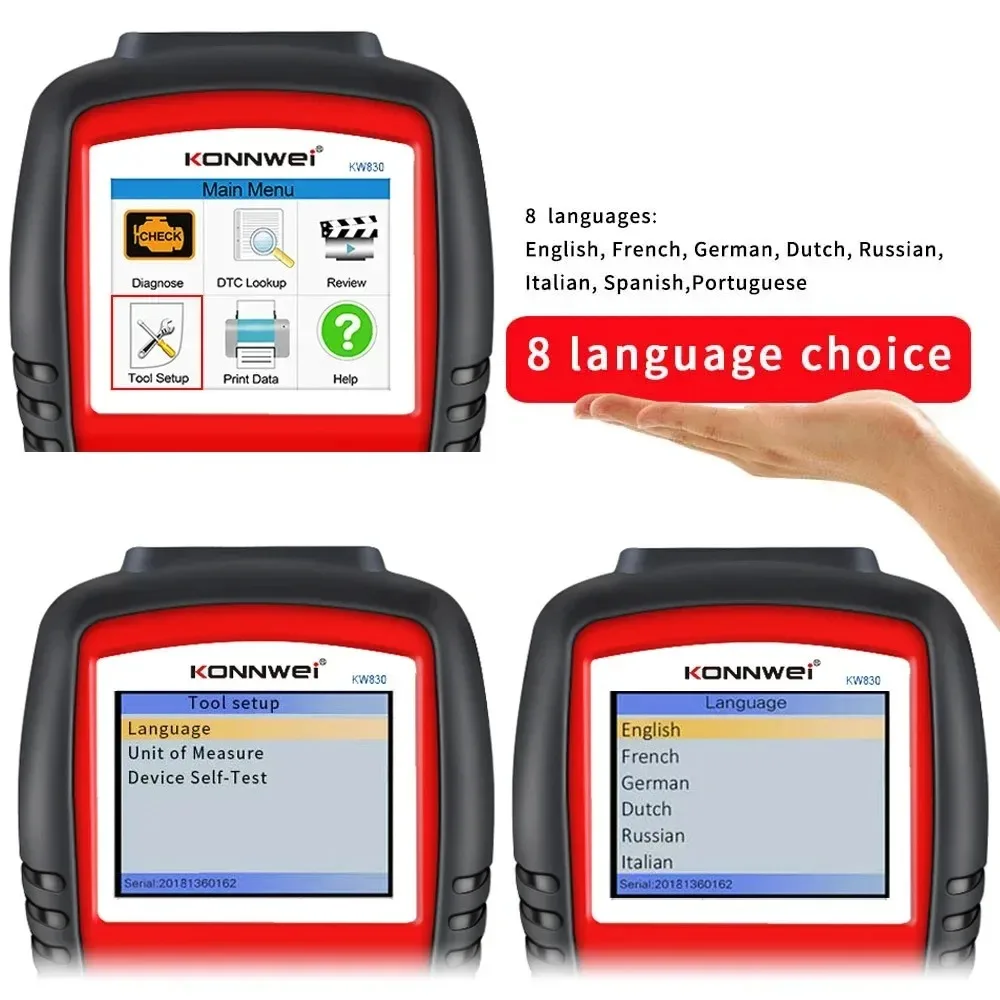 KONNWEI KW830 أداة الماسح الضوئي للسيارة قارئ رمز السيارات obd2 obdii أداة تشخيص القراءة وواضحة رموز خطأ السيارة أداة مسح ضوئي