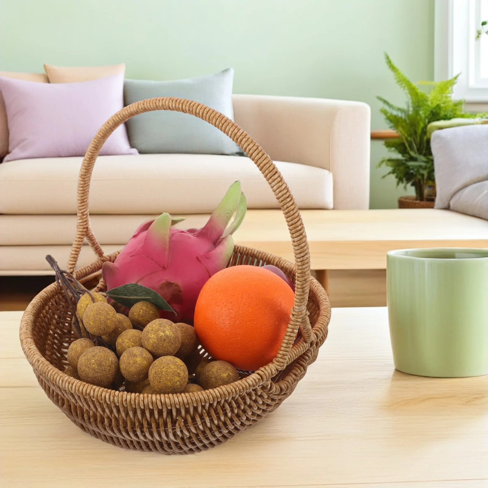 

Imitation Rattan Basket Household Storage Flower Gathering Fruit Woven Plastic and Vegetable Baskets with Handles