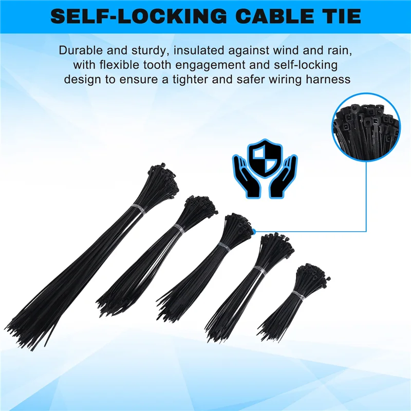 AY03-500PCS Abraçadeiras Pretas Heavy Duty Zip Ties 2,5 X 100Mm, 2,5 X 150Mm, 2,5 X 160Mm, 2,5 X 200Mm, 2,5 X 300 Mm