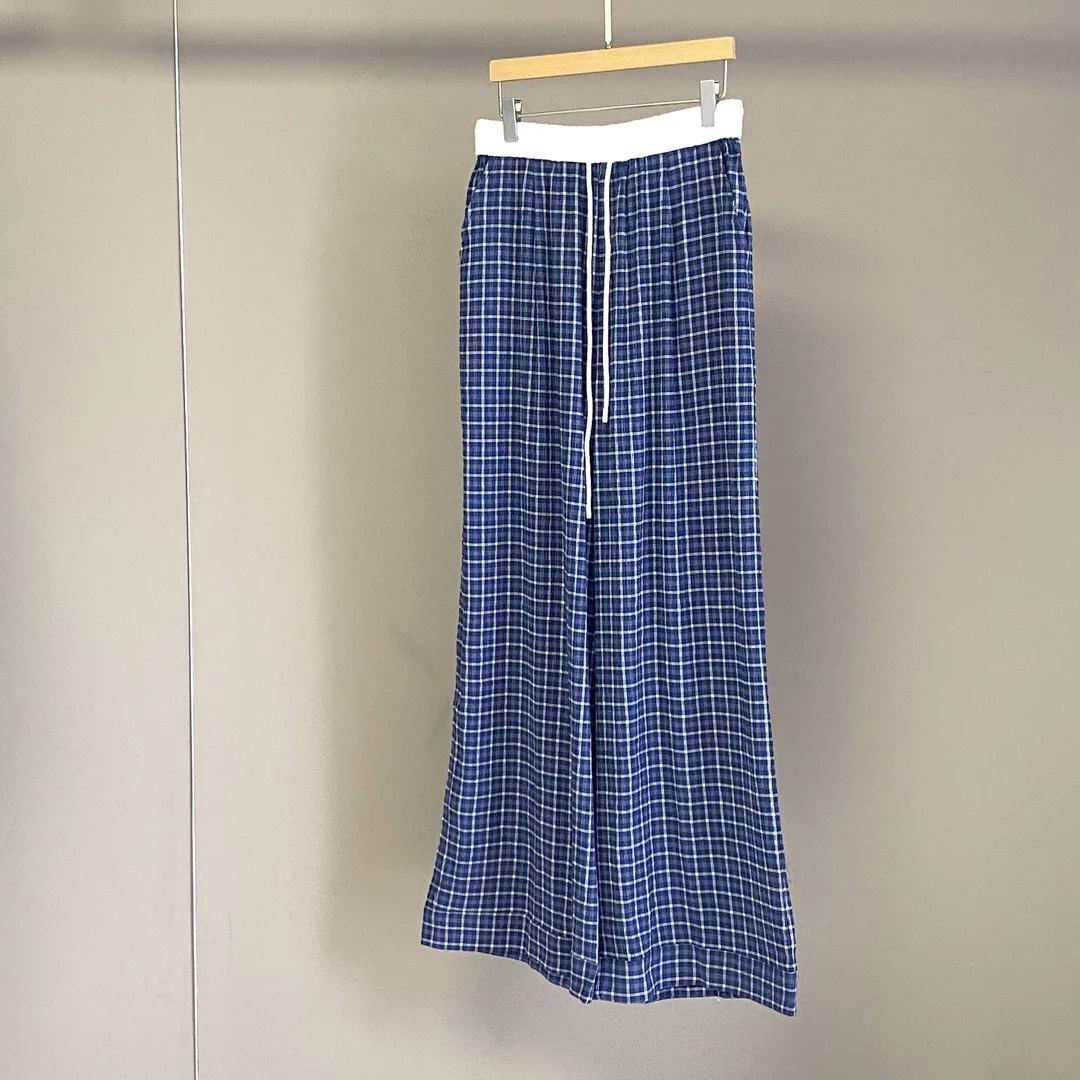 

Women's Summer New Elastic Waist Blue Check Wide Leg Casual Pants