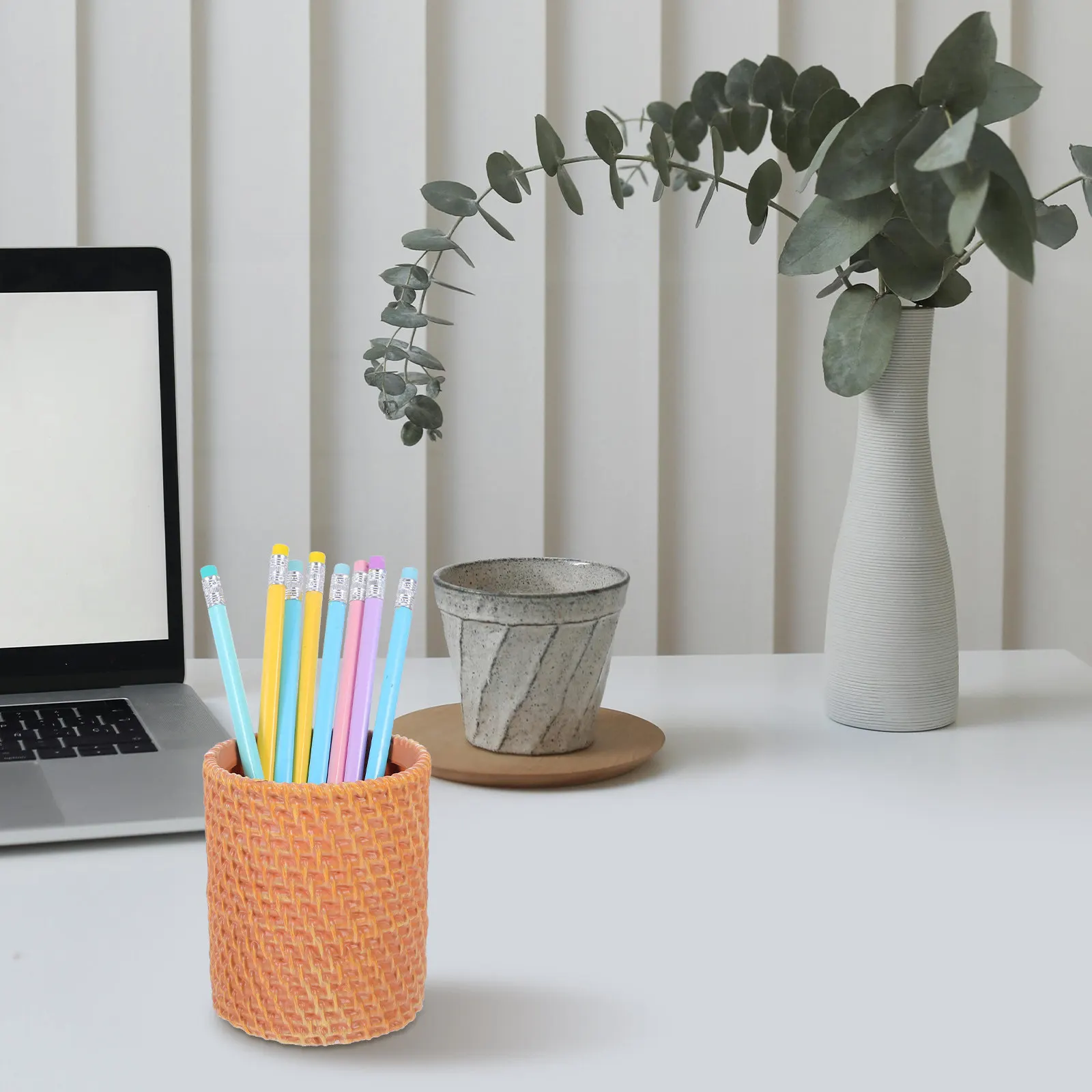 Faux Rattan Pencil Holder Multi-Functional Desktop Organizer Makeup Brush Cup Flower Vase Cute Office Decor Flowers Vase
