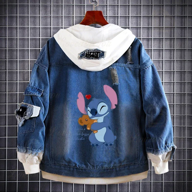 New Creative Anime Lilo & Stitch Denim Jacket Men Women Harajuku Deep Blue Jacket Hoodie Boys Girls Streetwear Coats