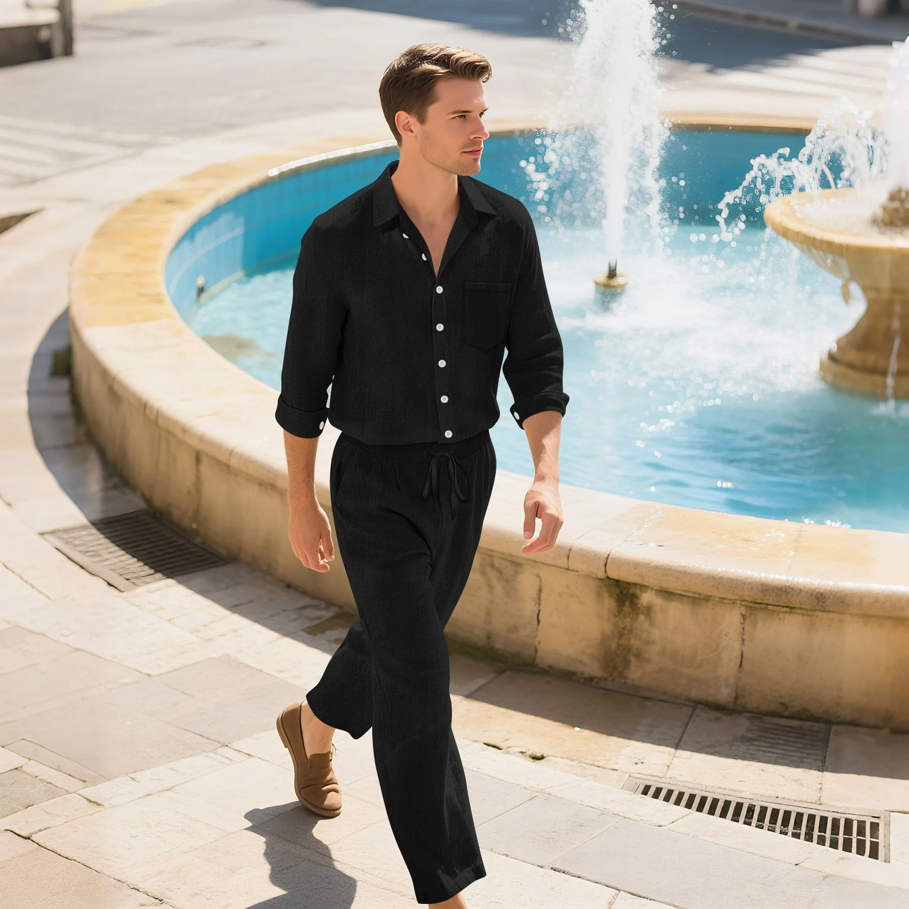 Men's Fashionable Cotton Linen Shirt Set Casual Lapel Solid Color Long-Sleeved Spring Autumn Two-Piece Suits