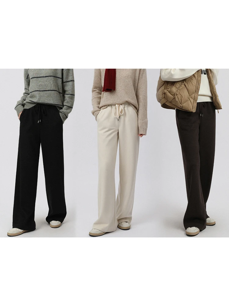 

MASJM Autumn Winter Wide Leg Pants Heated Casual Trousers Elastic Waist Straight Leg Pants Polyester Viscose Wool Blend