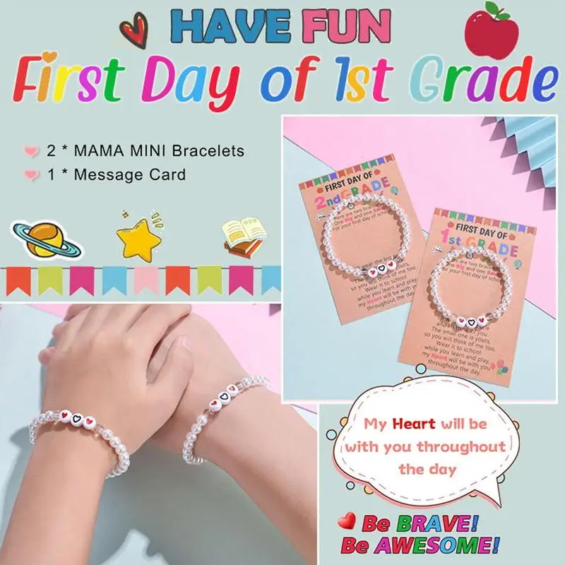 Pulseras de regreso a la escuela, encantadoras pulseras con dijes de perlas, joyería para madre e hija con tarjeta de bendición para mujeres y niñas