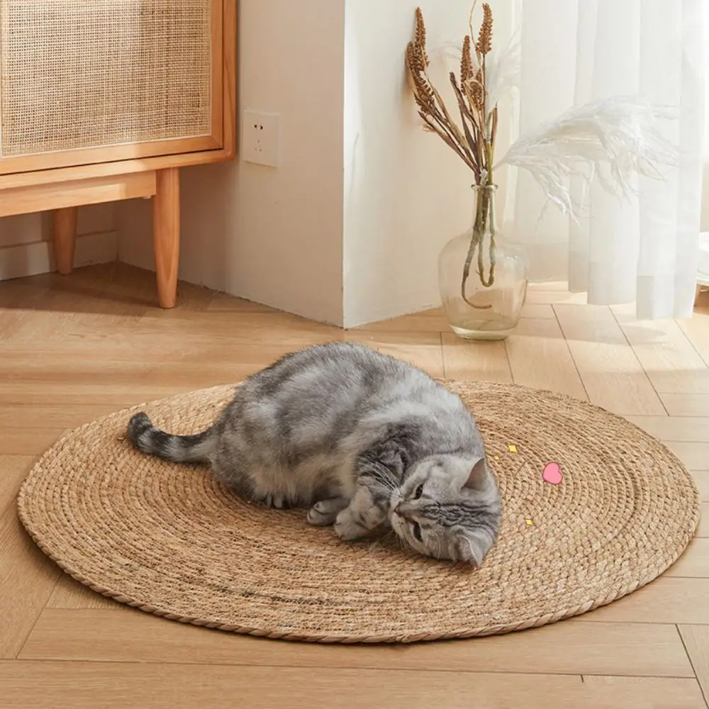 1PC Round Kitten Scratching Mat Hand Woven Wear-Resistant Rattan Cat Puppy Nest Natural Cattail Cat Scratch Board Playing