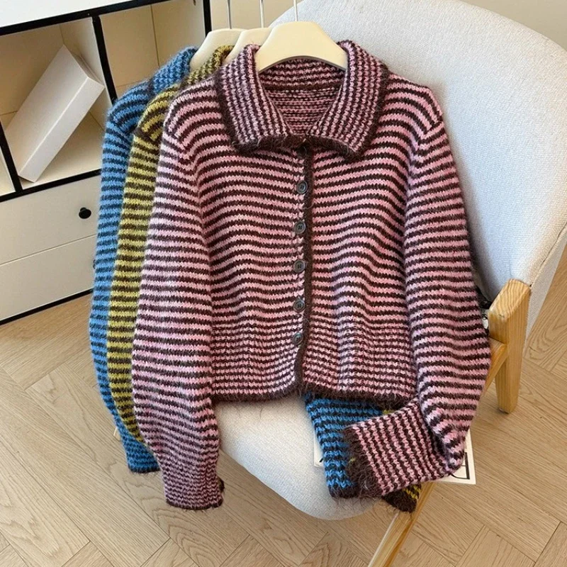 

Seoulish Autumn Winter Vintage Striped Women's Cardigan Long Sleeve Strand Collar Single Breasted Casual Loose Short Sweaters