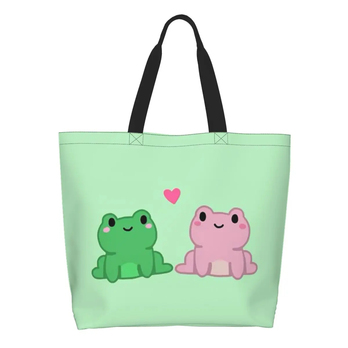 Two Frog Love Heart Cartoon Shopping Tote Bag Canvas Large Capacity Shoulder Bags Shopper Grocery Handbag for Women