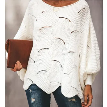 Women Loose Hollow Out White Knitted Sweaters Autumn Winter Female Crochet Asymmetrical Pullover Knitwear PYSJ-19708
