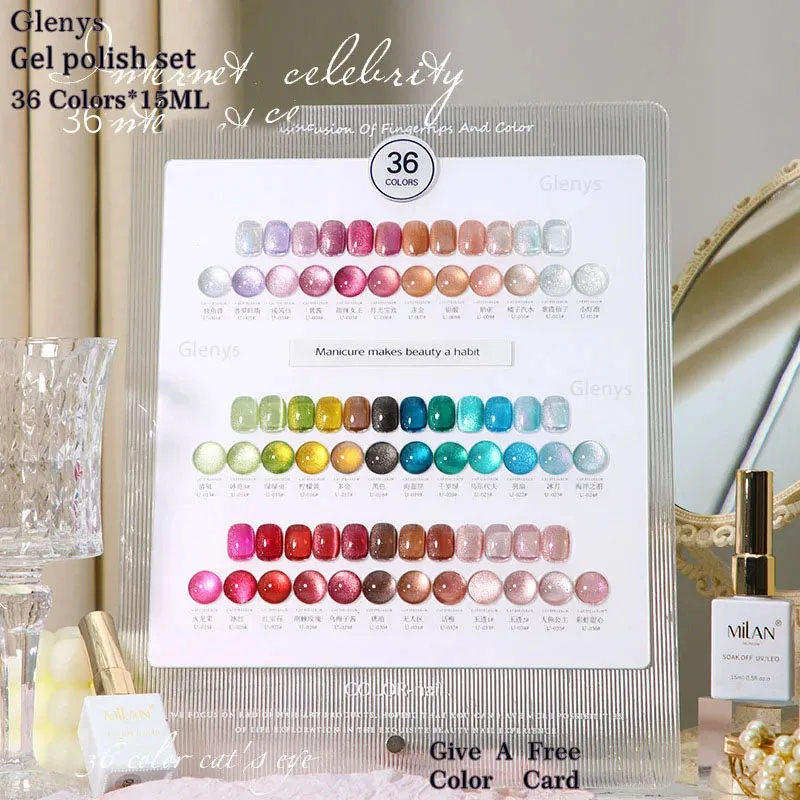 Glenys 36 color crystal cat's eye nail polish glue new semi permanent immersion gel UV LED nail art varnish set wholesale