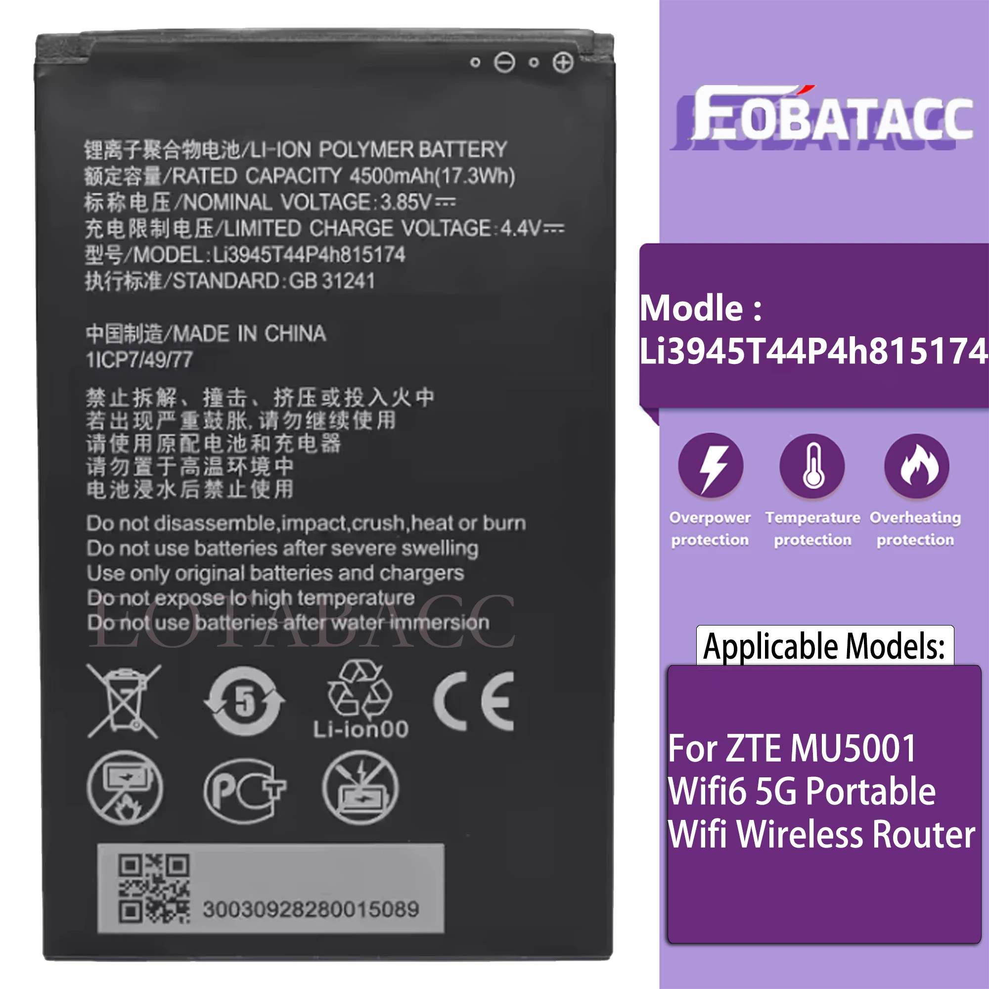 

100% Original New 4500mAh Li3945T44P4h815174 Battery For ZTE MU5001 Wifi6 5G Portable Wifi Wireless Router Batteries