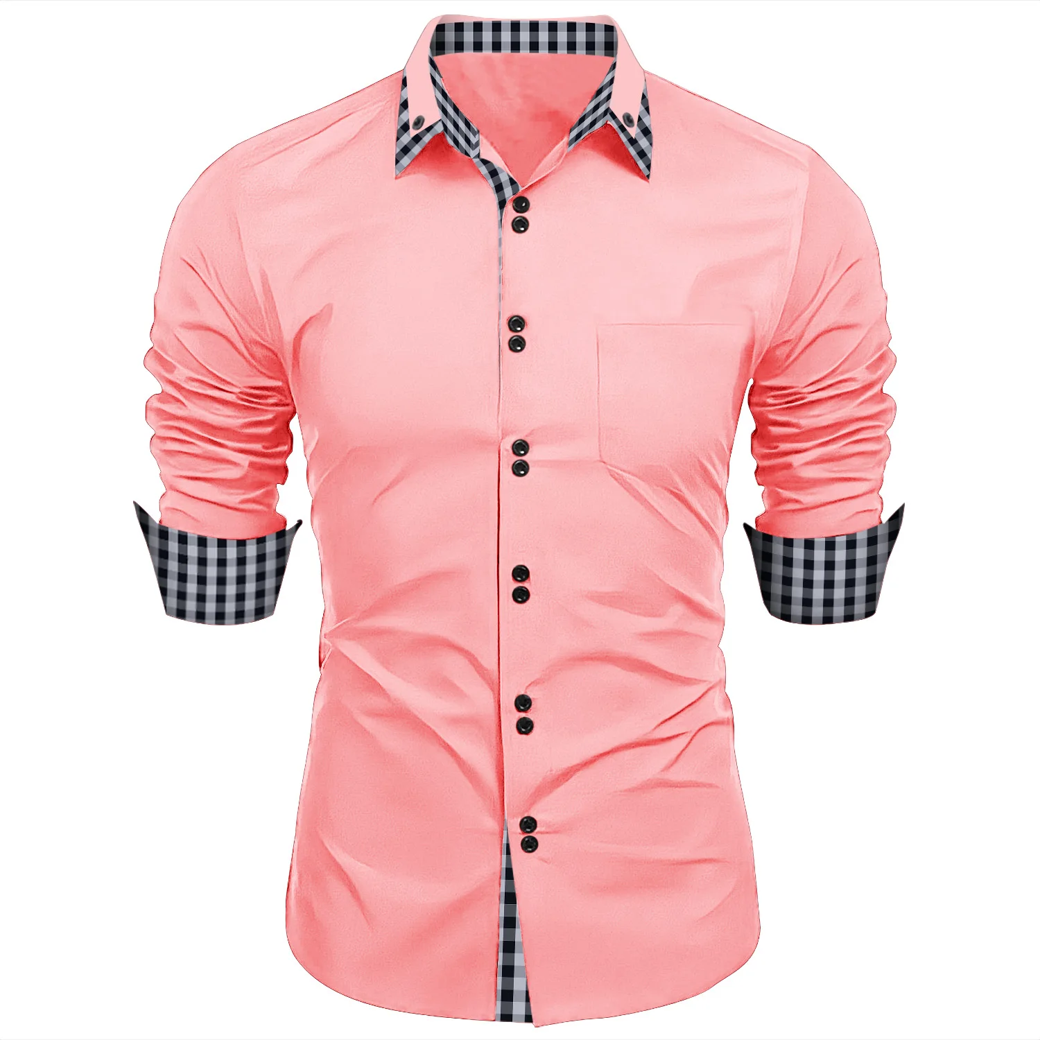 Camisa ajustada a cuadros para hombre, camisa de negocios de manga larga con bolsillo de retazos, nueva moda, primavera y verano