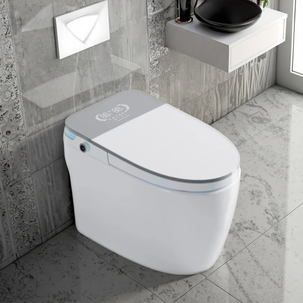 Advanced smart bidet semi-automatic toilet with basic flush heating seat and remote controlled slim toilet shape