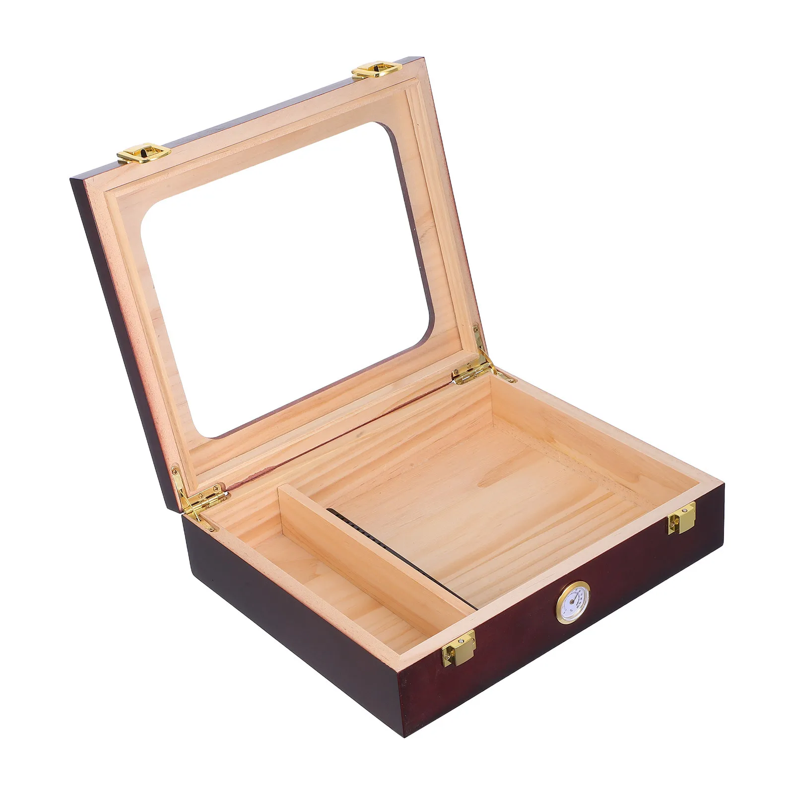 

Cigar Humidification Storage Box Brown Compact Glass Top Wooden Humidor With Hygrometer Moisturizing Function For Home Bar