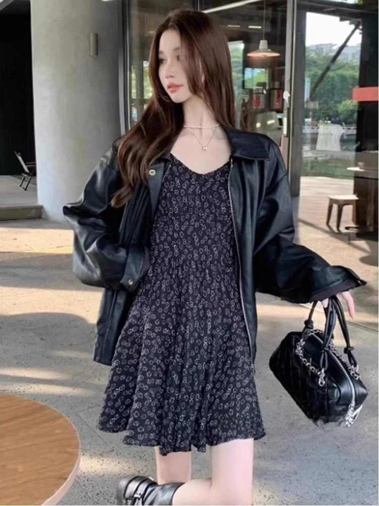 

Женская юбка А-силуэта с цветочным принтом, длинными рукавами, V-образным вырезом, утягивающим эффектом на талии, в корейском стиле, для повседневной носки