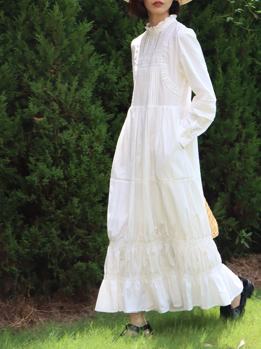 Spring Autumn Original Design Women Vintage Inspired Romantic Hollow Out Lace Patchwork Cotton White Maxi Dress