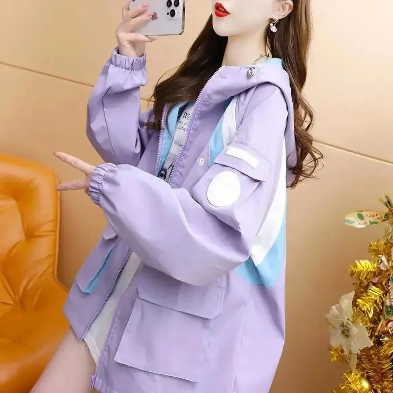 

Корейская свободная рабочая одежда, женская верхняя одежда, 2021, женская куртка с капюшоном Lazy Wind, осенняя женская куртка с длинными рукавами и цветными блоками, пальто