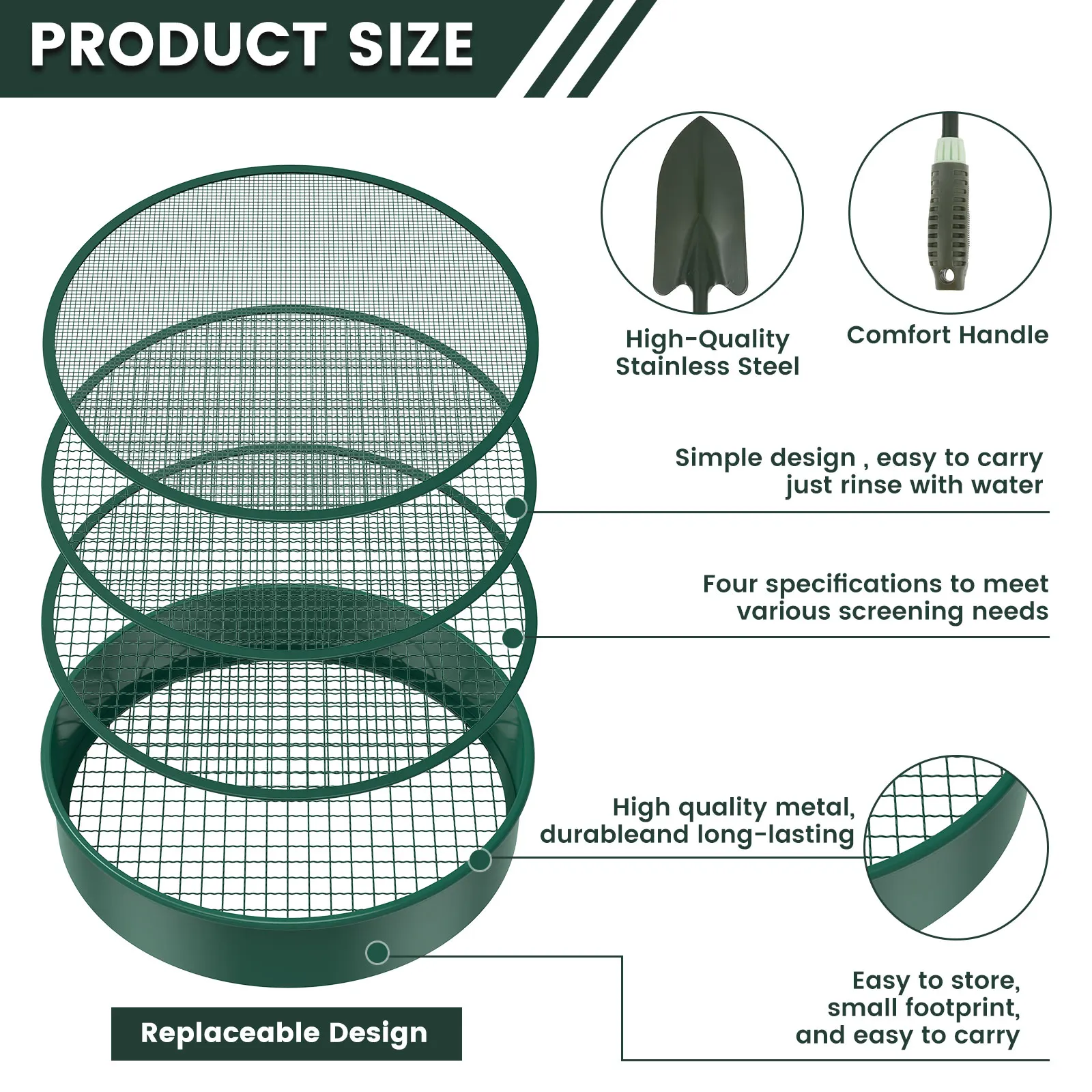 Soil Sifter 11.8inch Metal Garden Sieve with 4 Interchangeable Filter Mesh Sizes 3/6/9/12mm Multifunctional Dirt Sifter Portable