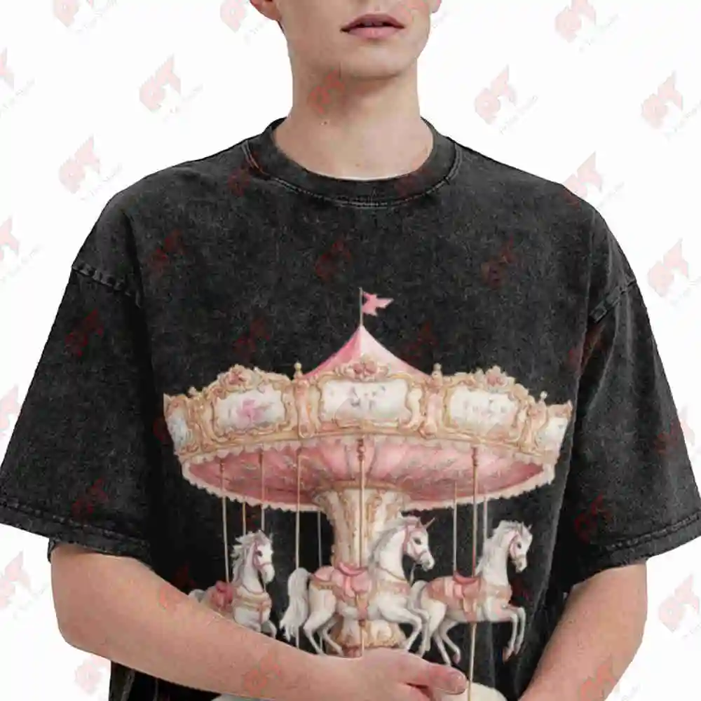 Carousel Of Dreams Horse Prancing Cute Whimsical Vintage Washed Tee Pure Cotton T-Shirt