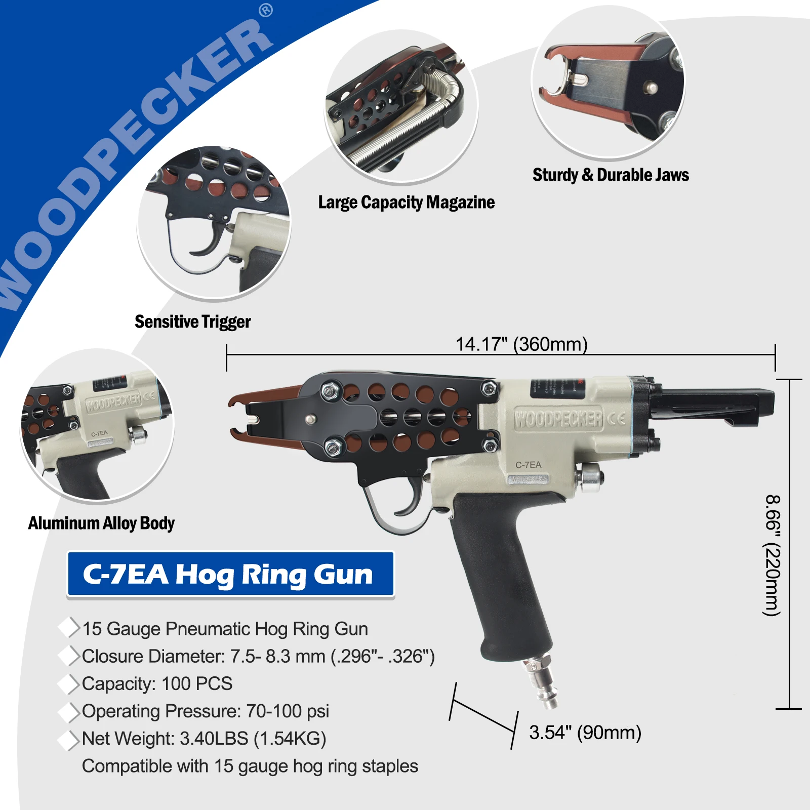 WOODPECKER C-7EA 15 Gauge Pneumatic Hog Ring Gun with Slim Long Nose, Fits 19mm Crown Hog Ring Staples, for Wire Cages, Fencing
