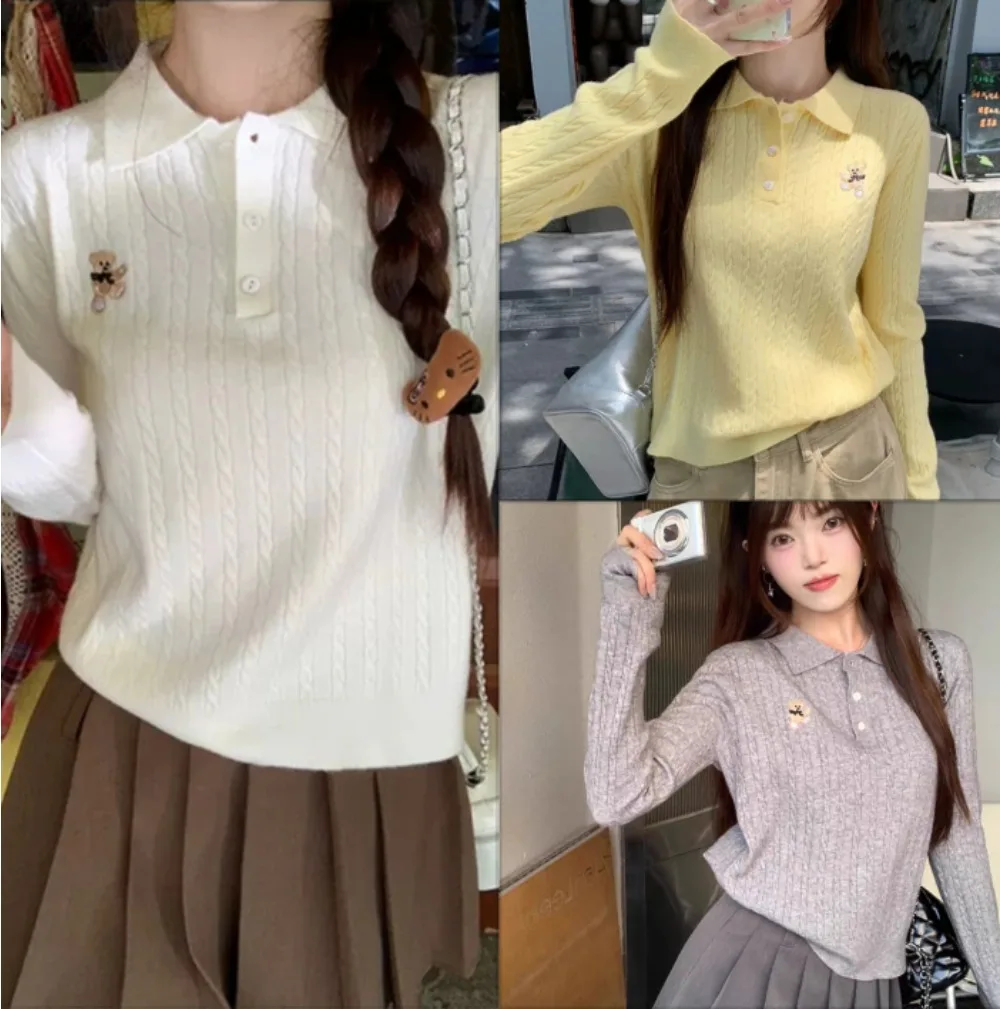 

Модный вязаный свитер с воротником-поло, женский тонкий повседневный топ с вышивкой, пуловер, джемпер