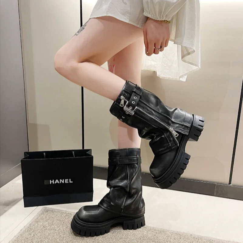 

Fashion Women Boots High Quality Leather Knight Boots New Platform Heel Mid Calf Boots for Women Luxury Side Zipper Shoe Zapatos