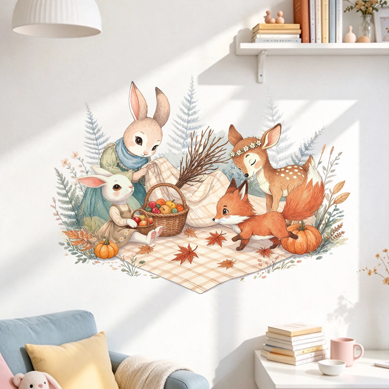 Watercolor Woodland Animals Picnic Wall Stickers, Bunny Deer Fox Autumn Pumpkin Maple Leaf Removable Wall Decals for Nursery Kid