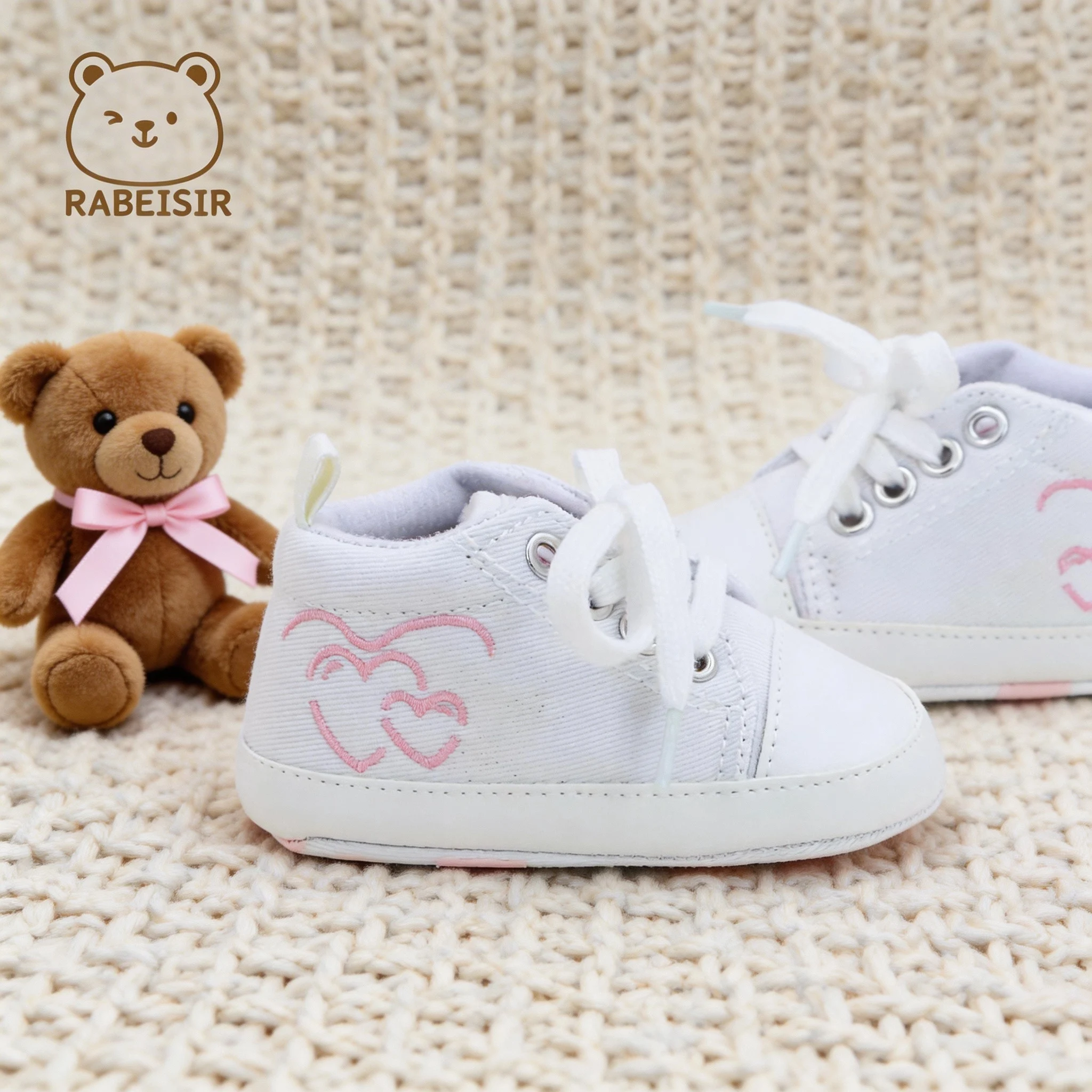 Baby Shoes Boy Girl High Top Lace Up Heart Embroidery Black White Baby First Walkers Crib Prewalker 0-18M