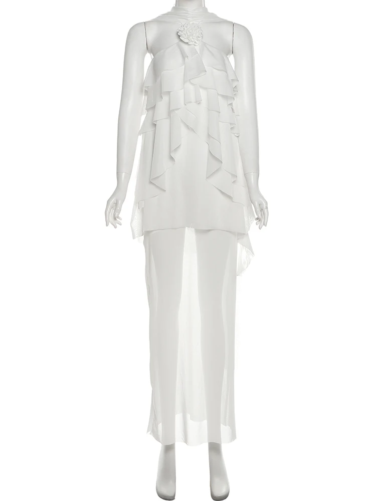 Nibber em camadas maxi vestido feminino halter bandagem 3d flores borla sem costas sem mangas verão moda férias vestidos elegantes