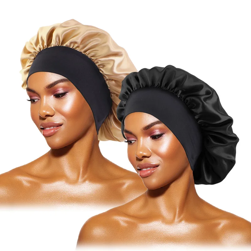 Dames Satijn Effen Mutsen Breedgerande Nachtrust Badmuts Unisex Hoofdwikkel Elastische Band Cap Haarverzorging Motorkap