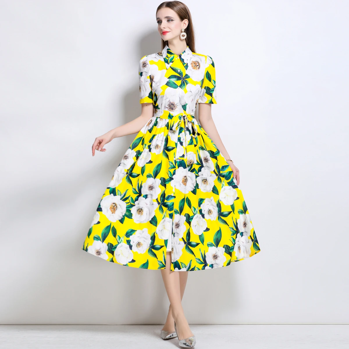 ZJYT Runway Fashion Summer Yellow Flower Print Shirt Dresses for Women Short Sleeve Single Breasted Casual Midi Dress Vestidos