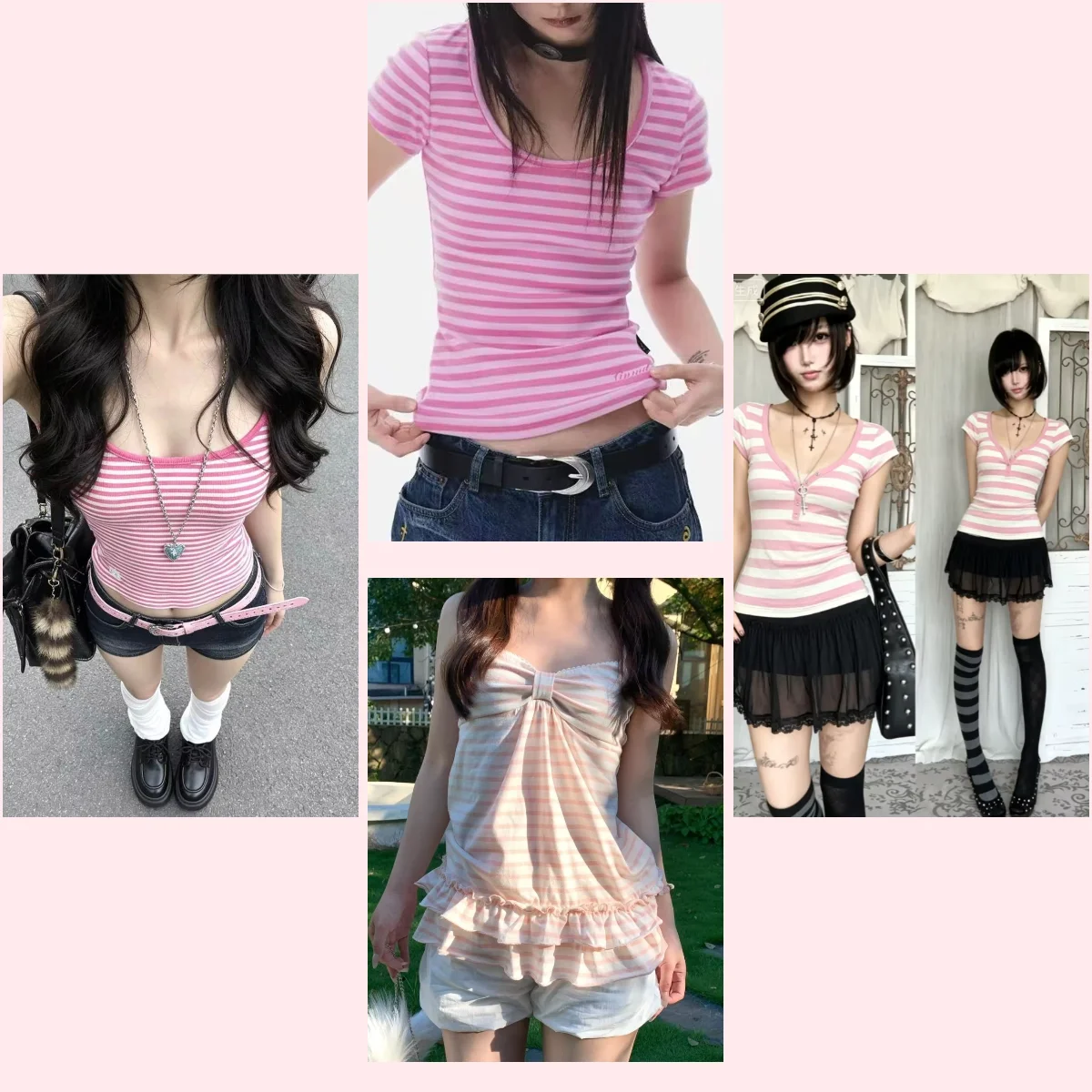 Japanese Sweet College Suit Summer Striped V Neck Short Sleeve Crop Tops Skirt Women Vintage Slim Y2K Two Piece Outfits