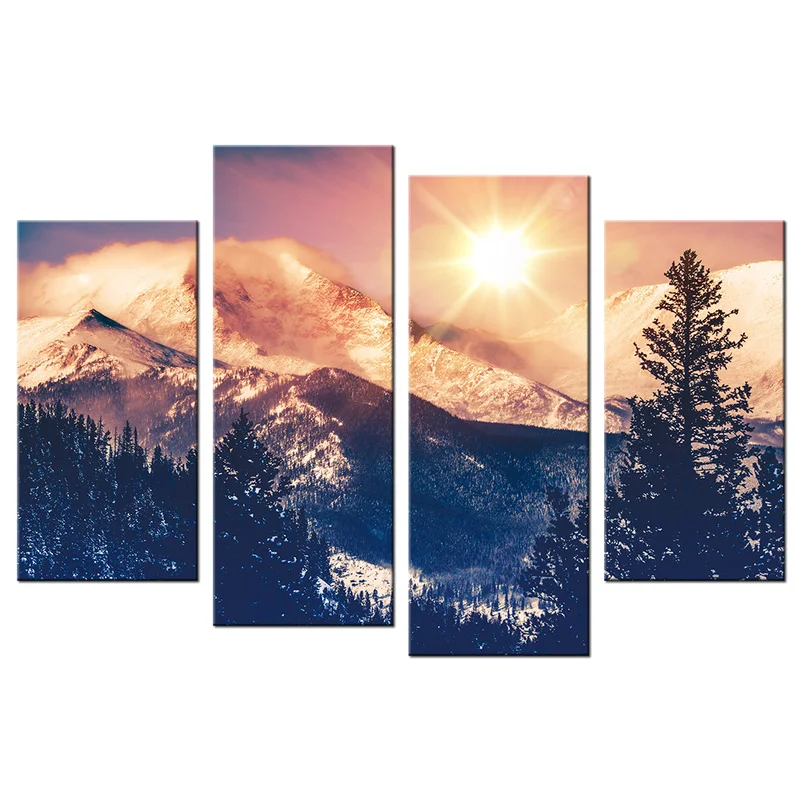 

4 Pieces Snow Mountain Room Decor Poster Nature Scenery Print Canvas Art Modern Style Pictures Living Room Wall Art