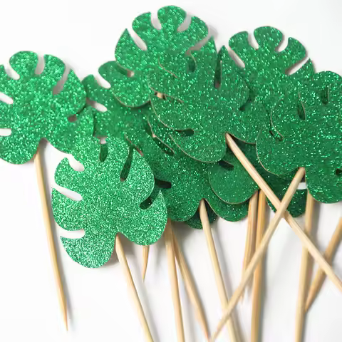 10/12pcs Green Leaf Cake Toppers Palm Leaves Cupcake Toppers for Jungle Theme Birthday Decor Wild One Safari Party Cake Decor