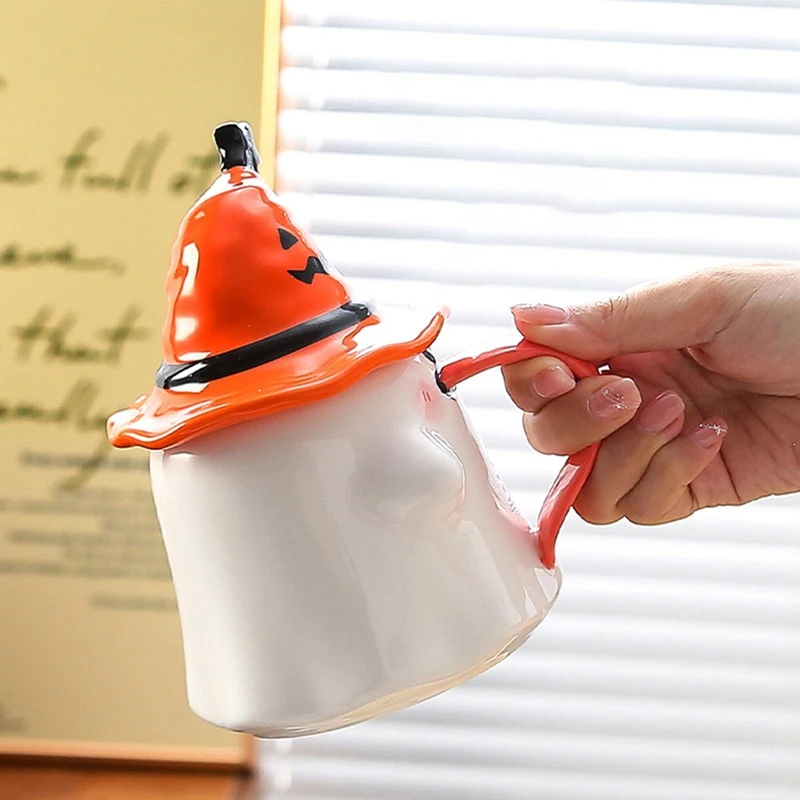 Halloween Cup With Witch Hat Cover Specter, Cute Originality Tongue Out Mug, Novelty Halloween Ceramic Tea Cup