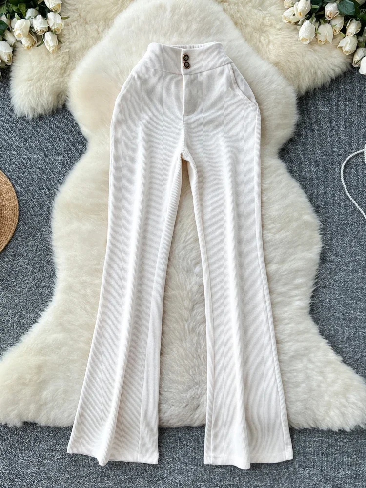 

women casual elegant corduroy pants autumn new style two button high waist slim pleated micro flared casual pants for women